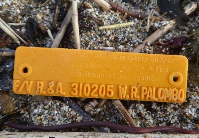 This tag, which detached from the lobster trap it was attached to when the boat it was on sank in 2003, was recently discovered in Cornwall, England.