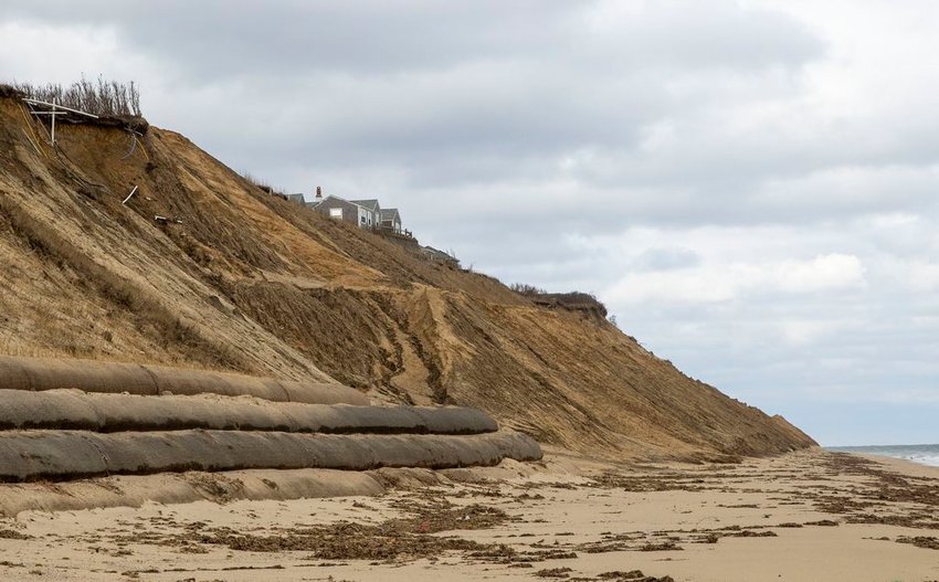 A look at the coir logs and buried geotubes that line the beach at the base of the Sankaty Bluff below Baxter Road Wednesday.
