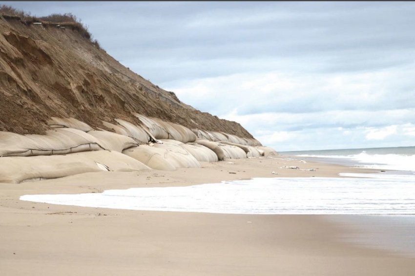 The Sconset Beach Preservation Fund's erosion-control project at the base of the Sankaty Bluff. The SBPF is hoping to expand the geotextile tubing by 3,000 feet.