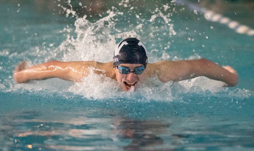 Grant Beebe swims the butterfly leg of the 200-yard medley relay against St. John Paul II in Nantucket's win over the Lions last Wednesday.