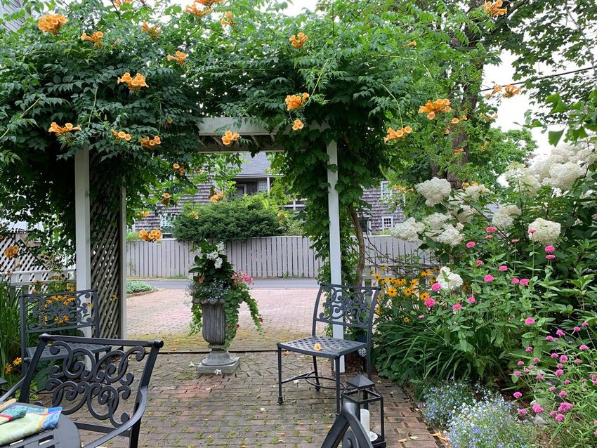 Karen and Malcolm MacNab's Victorian-style garden on North Liberty Street includes an arbor and flower border bursting with exuberant color, all in full view of the road.
