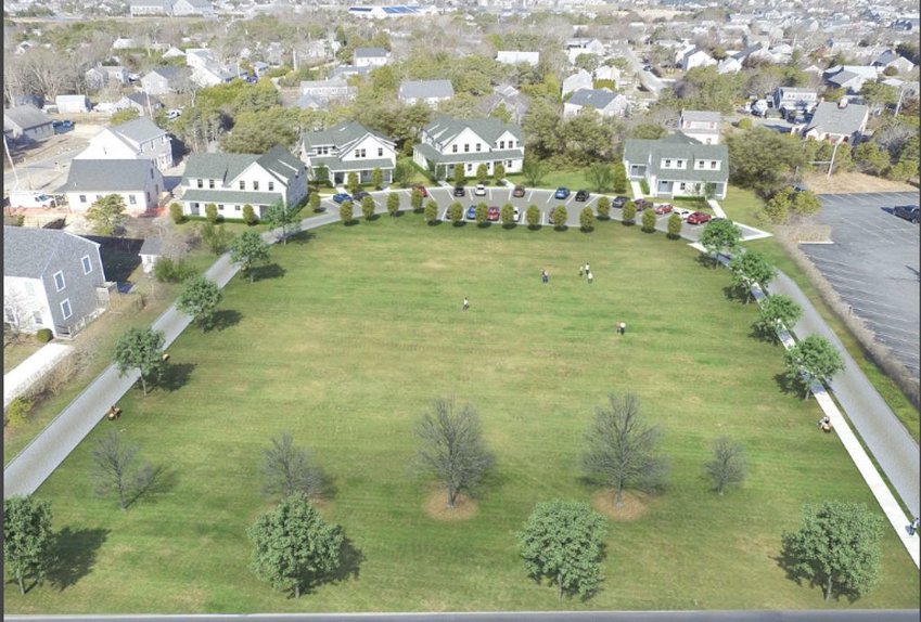 Developer Billy Cassidy has proposed a 22-unit rental-housing project on just under two acres off Fairgrounds Road. The apartments would be split among five buildings &amp;#8211; one of which not pictured here would be in front of the parking area &amp;#8211; next door to Faregrounds Restaurant, right. A large tract of open space would front the road.