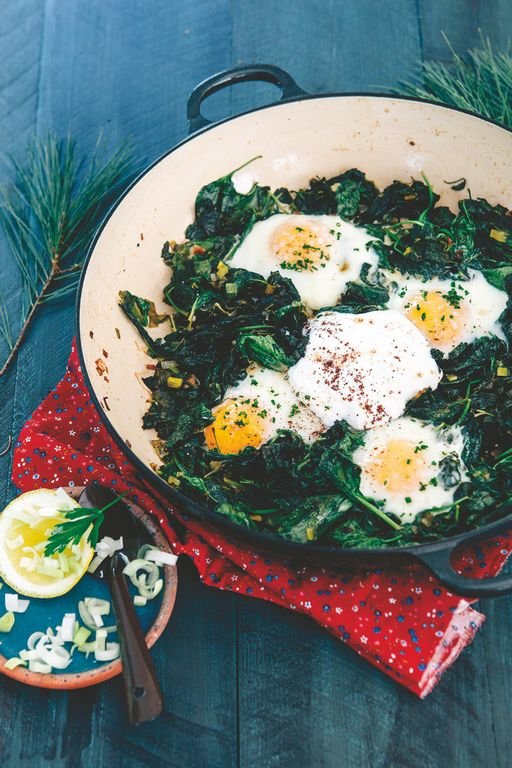 Yotam Ottolengh's Skillet Baked Eggs with Greens, Yogurt and Chiles
