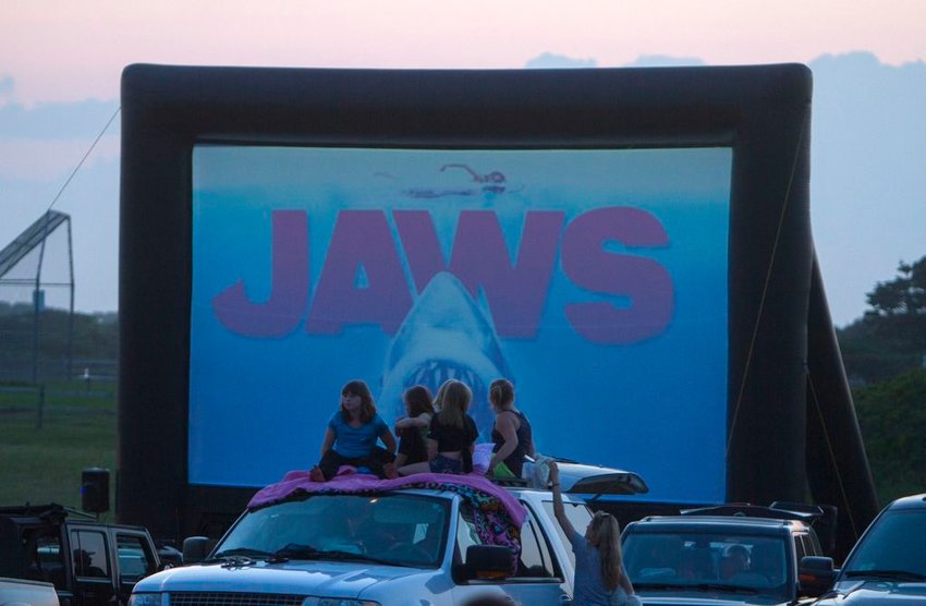 Moviegoers gather for the Friends of the Nantucket Public Schools drive-in movie showing of &amp;quot;Jaws&amp;quot; at the Tom Nevers Field in August, 2014