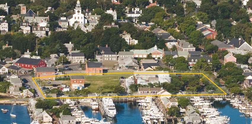 This aerial view shows the five-acre parcel of land referred to as Harbor Place, bordered in yellow, which is owned by three entities: National Grid, Winthrop and Nantucket Island Resorts.
