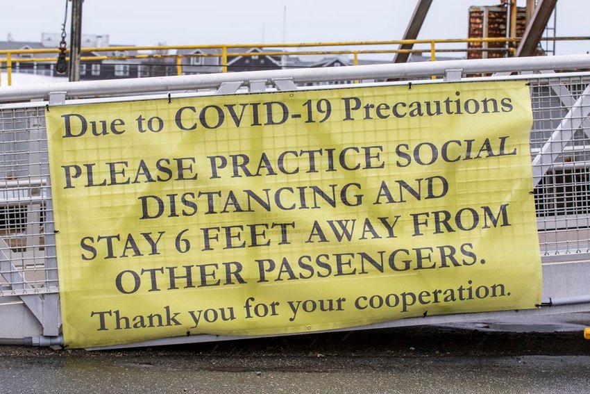 Nantucket's Steamship Authority terminal hung this banner from the gangway on slip 1 addressing the social distancing recommendations aboard its vessels.
