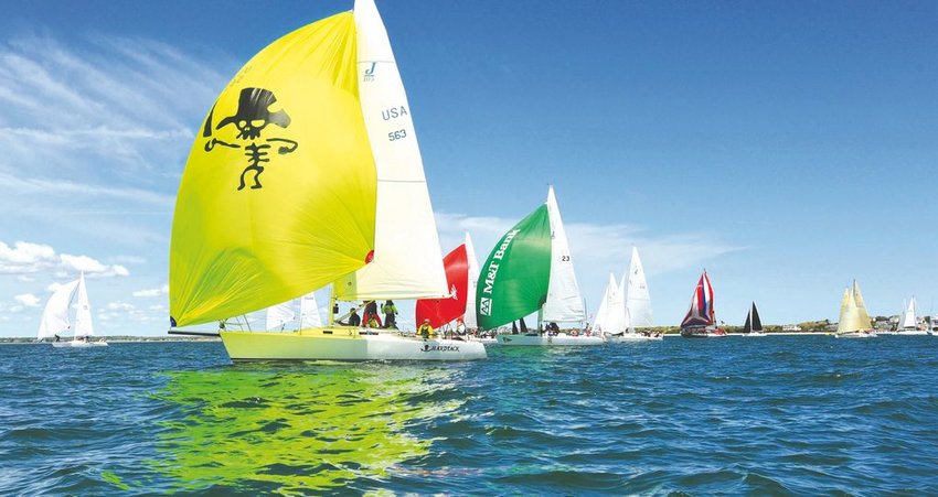 Hardtack crosses the start line of last year's Figawi saiboat race outside Hyannis. The annual unofficial kickoff to the start of the summer sailing season has been canceled.