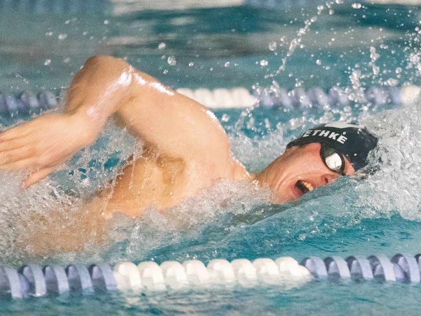 Senior captain Tyler Roethke swims the 100-yard freestyle in the Whalers' win against Barnstable earlier this season.