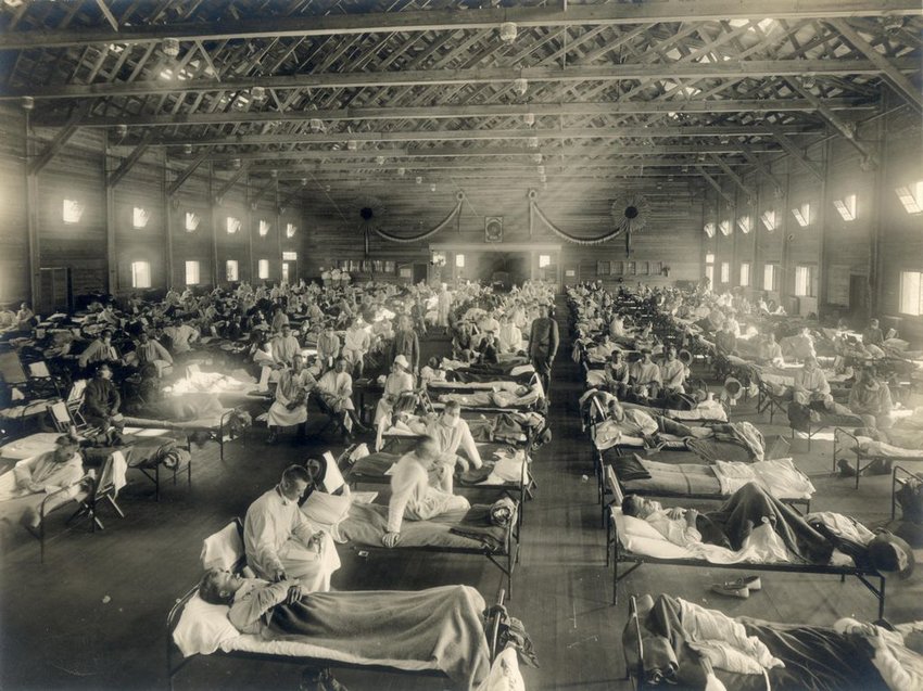 An emergency hospital at Camp Funston, Kansas during the influenza epidemic of 1918.