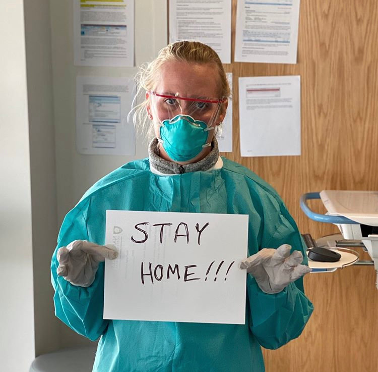 Caitlin Kaplan, a clinician at Nantucket Cottage Hospital who is part of the team testing patients for coronavirus helps convey the message to stay at home and avoid contact with others.