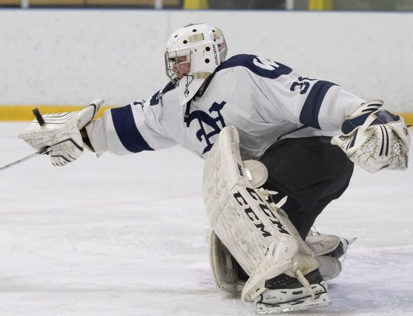 Goalie James Culkins deflects a shot off his glove in a 4-2 win over Mashpee/Monomoy earlier this month.