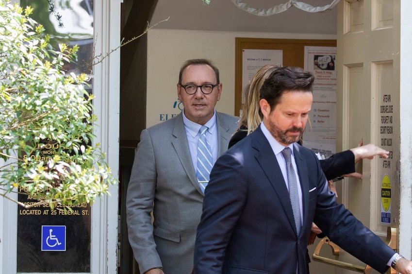 Defense attorney Alan Jackson leads actor Kevin Spacey out of the Nantucket Town &amp;amp; County Building Monday after Spacey made a surprise appearance at his pretrial hearing on a July 2016 indecent assault and battery charge.