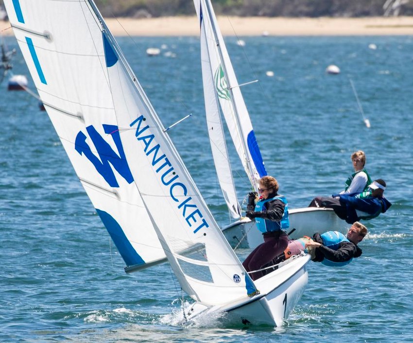 James Taaffe and Lily Bartlett on the water in Sunday's Figawi High School Invitational on Nantucket Harbor. The pair won the regatta.