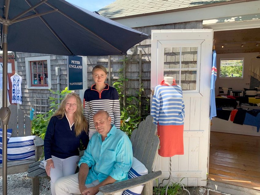 Amy, Ella and Peter England outside their Peter England Nantucket clothing store on Old South Wharf.