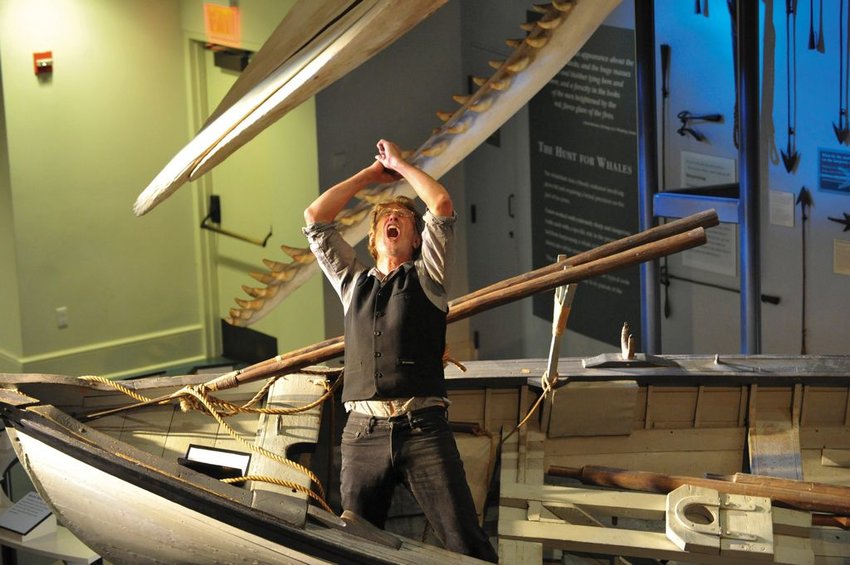 Actor John Shea in a whaleboat at the Nantucket Whaling Museum in Orson Welles' &amp;#8220;Moby Dick Rehearsed.&amp;#8221;