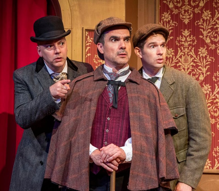 From left: Mark Price, Dan Domingues and Joe Delafield on stage during a rehearsal of White Heron Theatre Company's production of &amp;#8220;The Hound of the Baskervilles,&amp;#8221; opening tonight.
