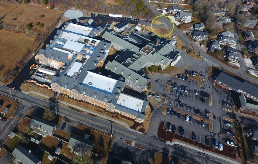 Patients with mobility issues, particularly those in wheelchairs, are advised to use the emergency department entrance, circled in yellow,  to Nantucket Cottage Hospital until the main entrance is accessible.