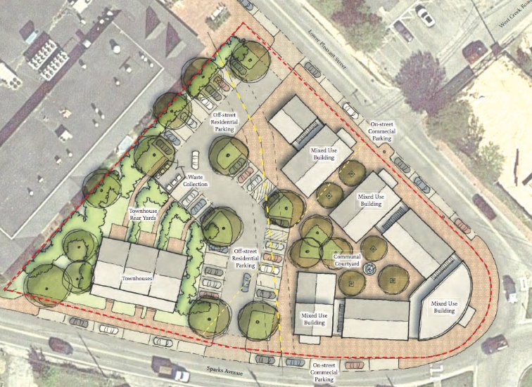This aerial view shows the mixed-use property bounded by two busy streets and the Stop &amp;amp; Shop building. Critics have expressed concern that access to the property puts traffic onto streets near a very busy intersection year-round.