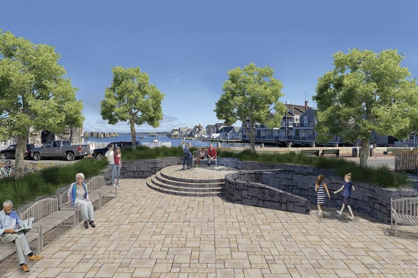 An artist's rendering of the proposed pocket park behind the Dreamland Theater overlooking the Easy Street Basin. The Seward Johnson sculpture of Fred Rogers is on the raised stone steps at the rear of the park nearest the street.