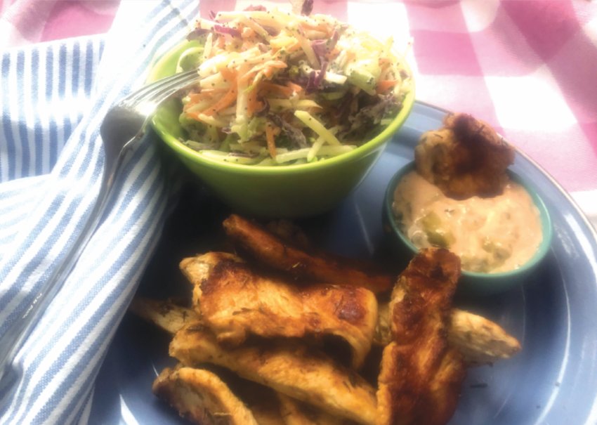 Grilled Cajun chicken with winter coleslaw and remoulade.