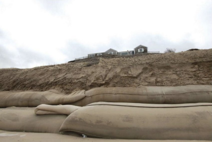 Geotextile tubes at the base of the Sconset Bluff.
