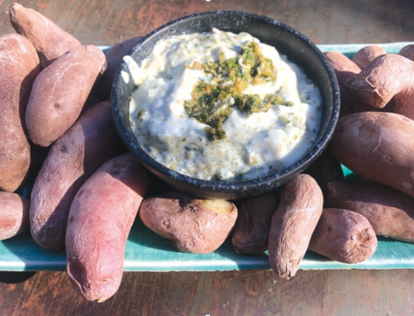 Salt-crusted fingerling potatoes are even tastier when paired with a pesto yogurt dip, above, mango chutney, sour cream or salsa verde.