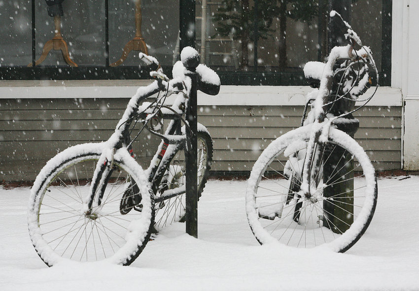 Bicycles on Main Street during Thursday's snow.