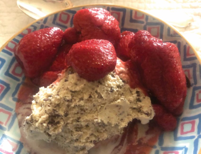 Kahlua stracciatella ice cream with strawberries is the perfect way to top off a midday weekend dinner of bracciole.