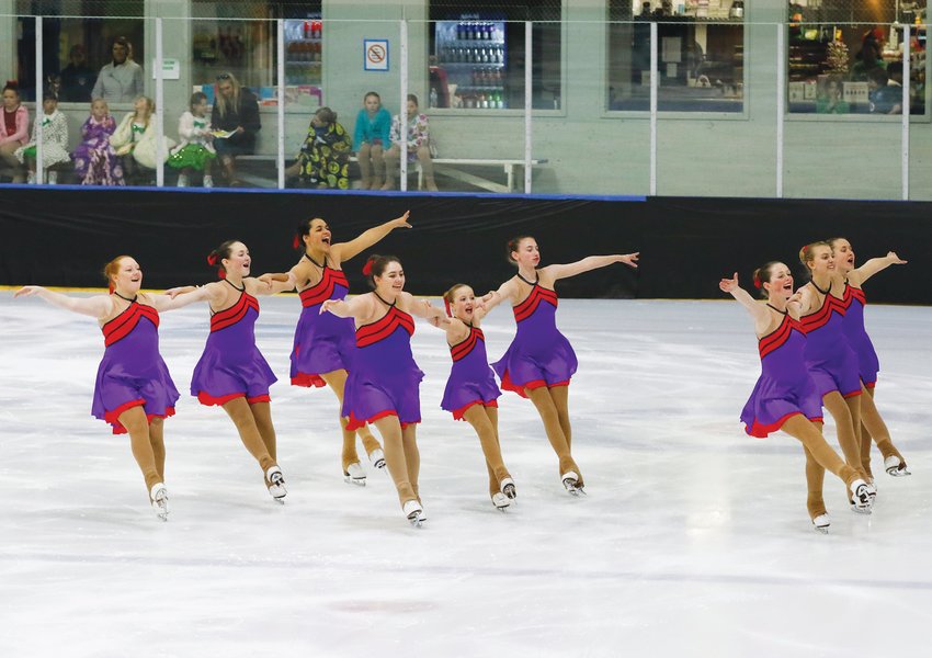 The Island Waves synchronized skating team performs during the Nantucket Skating Club&rsquo;s annual spring show in April 2019. Last year&rsquo;s show was canceled due to COVID-19, and the ice will be down this April.