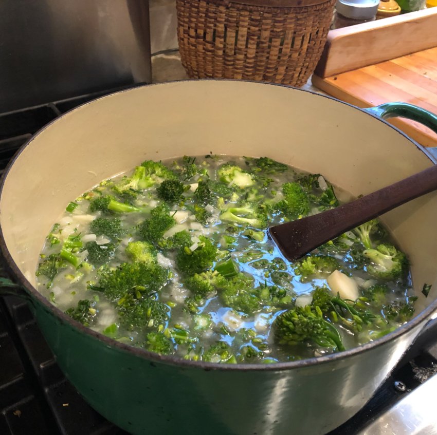 Broccoli simmers on the stovetop in preparation for Broccoli and Mustard Seed Soup.