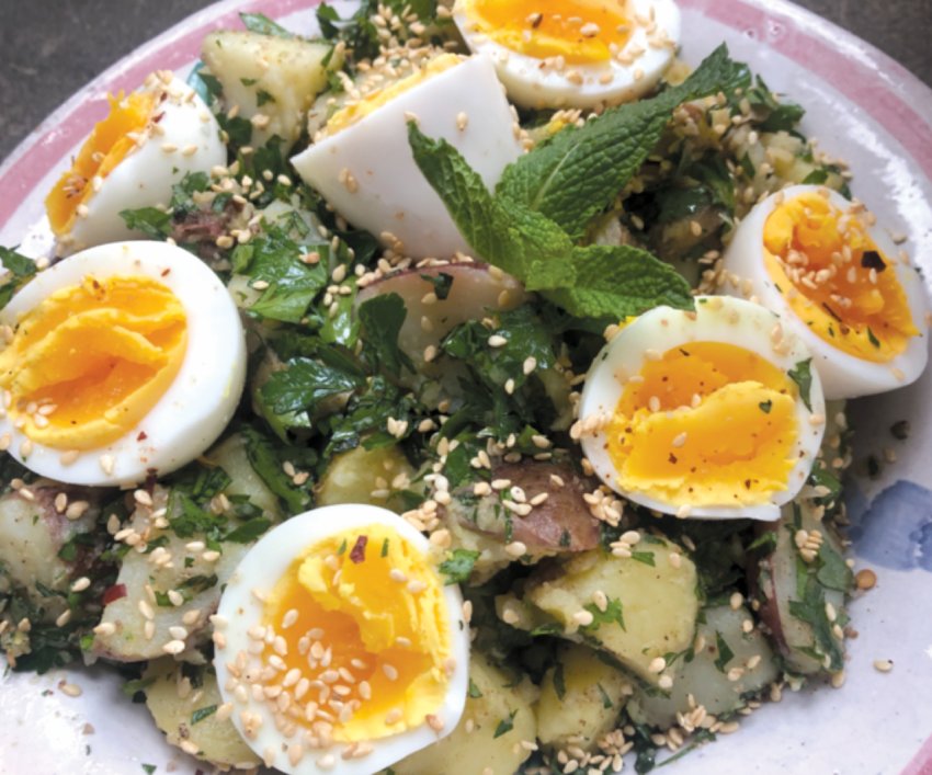 Sami Tamimi&rsquo;s potato and hard-cooked egg salad is kicked up with za&rsquo;atar, fresh mint, lots of sesame seeds and parsley.