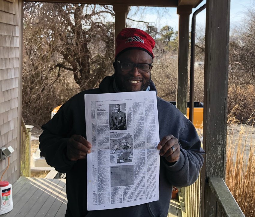 Nantucket Equity Advocates member Moe Moore holds a newspaper clipping of his great-great grandfather, who escaped slavery in North Carolina for a free life in Mississippi. Moore will be leading an online discussion on the PBS documentary &quot;Reconstruction: America After the Civil War&quot; this Monday at 7 p.m.