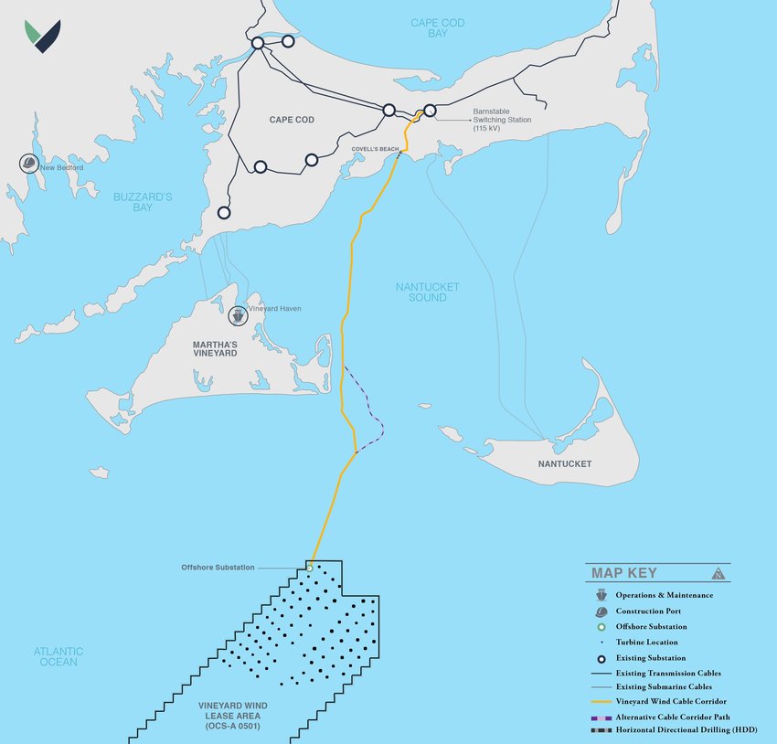 Vineyard Wind received a final environmental review from the federal Bureau of Ocean Energy Management earlier this month for its 160,000-acre offshore windfarm 15 miles southwest of Madaket.