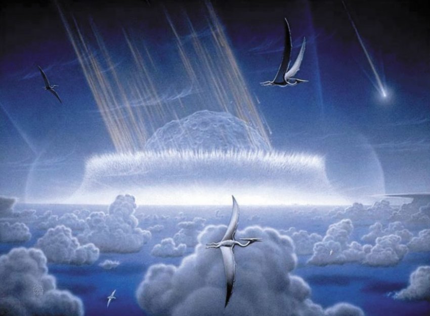 An artist&rsquo;s concept of an asteroid striking Earth during the age of the dinosaurs.