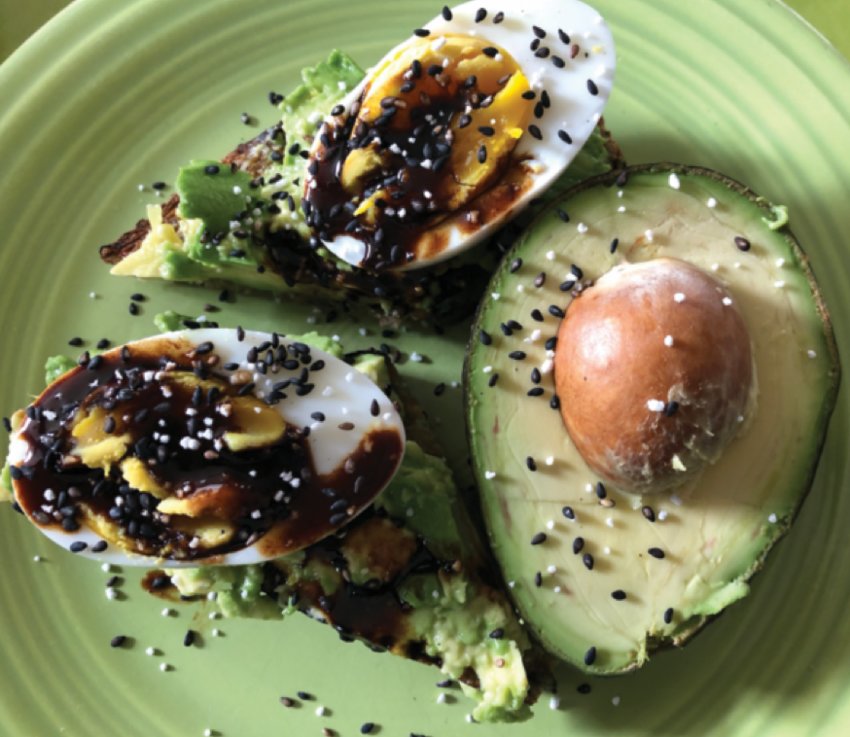 This avocado toast, made with sourdough bread, is amped up with pomegranate molasses and Japanese furikake.