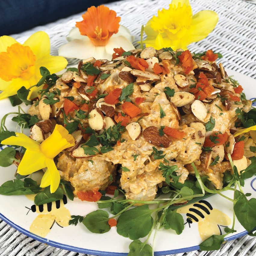 Andrea Soranidis&rsquo; Original Coronation Chicken Salad is topped with dried apricots and almond slivers.