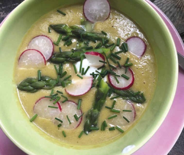 This delicious &ldquo;cream&rdquo; of asparagus soup is actually made without cream. Pur&eacute;eing the asparagus makes it creamy enough.