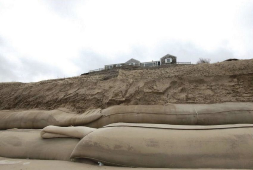 Geotextile tubing at the base of the Sconset Bluff in November 2020.