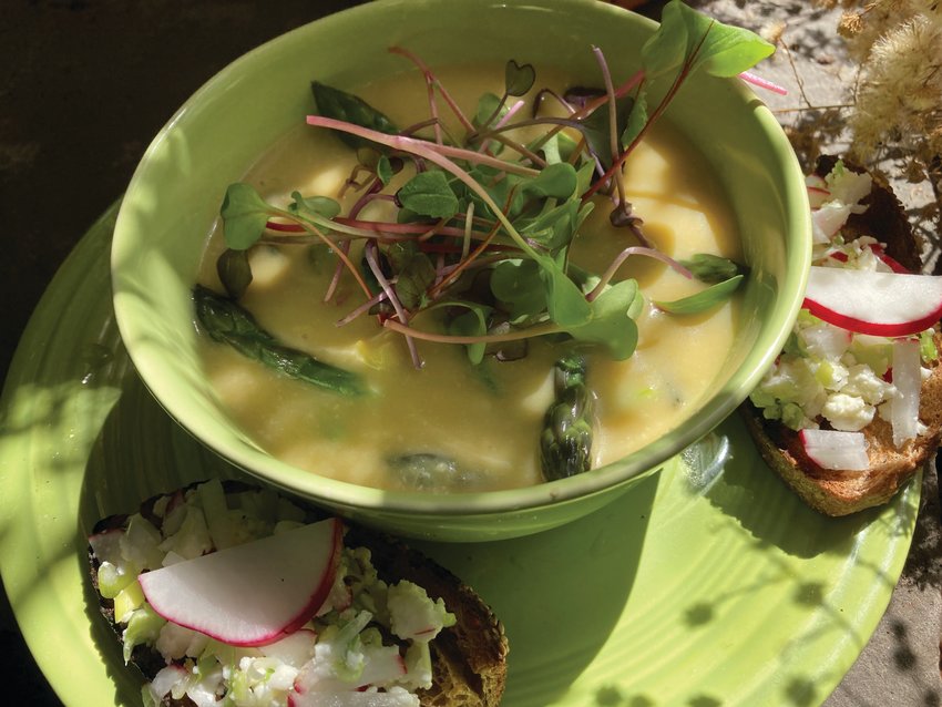 This creamy asparagus soup gets its creamy texture from the blending, and some Parmesan cheese.