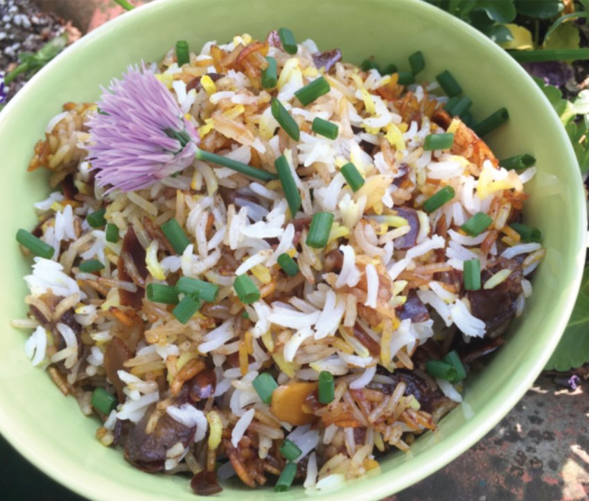 Saffron, Date and Almond Rice pairs well with salty proteins like roast chicken or fried eggs.