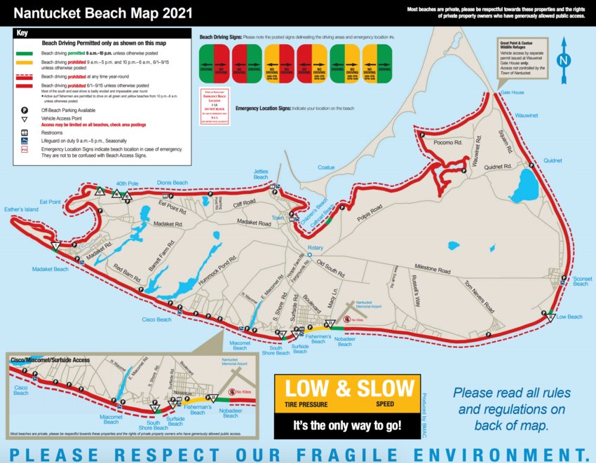 The Town of Nantucket's 2021 Beach Map, indicating where beach-driving is permitted, and where off-beach parking is available and lifeguards are present.