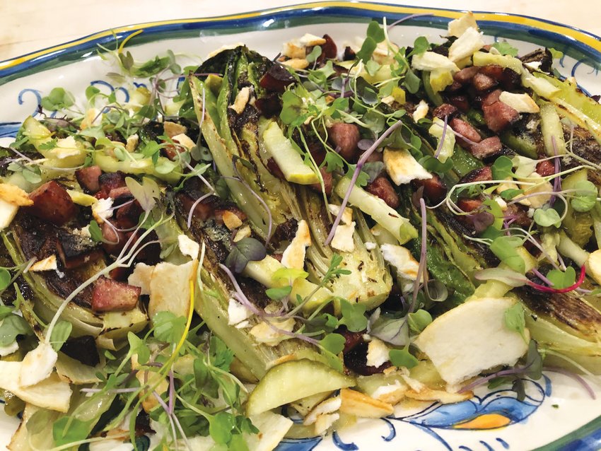 Grilled Romaine with Kielbasa Croutons and Dill-Pickle Vinaigrette is the perfect side to accompany Smashed Burgers.