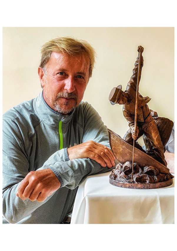 English artist Paul Day with a maquette of the statue proposed to honor the twinnng of the towns of Nantucket and Beaune in Burgundy, France.