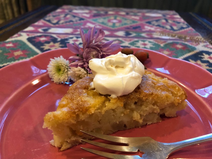 While traditional French apple cakes are typically made with rum, I&amp; M food wrtier Sarah Leah Chase prefers to use Calvados &ndash; Normandy&rsquo;s apple brandy &ndash; or Cognac instead. The flavor of the alcohol does not end up dominant in the end result.