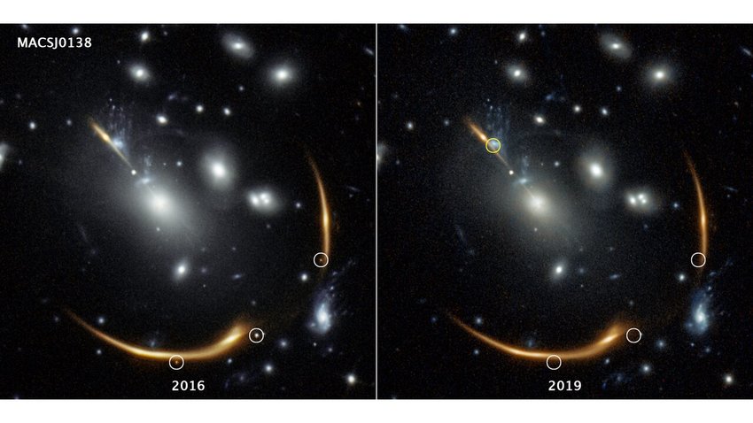 Three views of the same supernova, circled in the 2016 image on the left, taken by the Hubble Space Telescope. They&rsquo;re gone in the 2019 image. The distant supernova, named Requiem, is embedded in the giant galaxy cluster MACS J0138. The cluster is so massive that its powerful gravity bends and magnifies the light from the supernova, located in a galaxy far behind it.