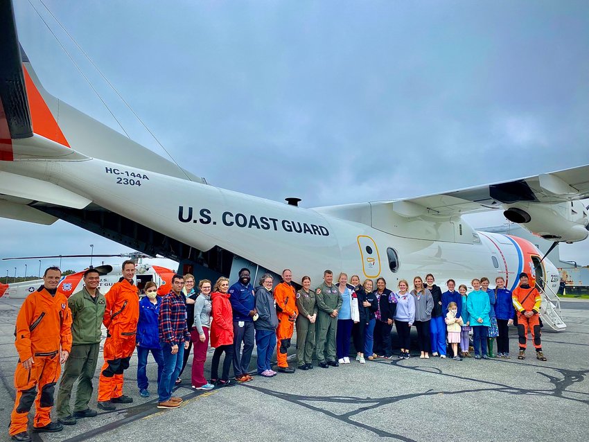 Emergency Department clinicians from Nantucket Cottage Hospital met with aircrews from U.S. Coast Guard Air Station Cape Cod on the island Monday to familiarize themselves with Coast Guard aviation transport.