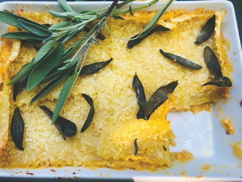 Pumpkin lasagna, topped here with sage leaves, can be made with any variety of eating pumpkin, or even Hubbard or butternut squash.