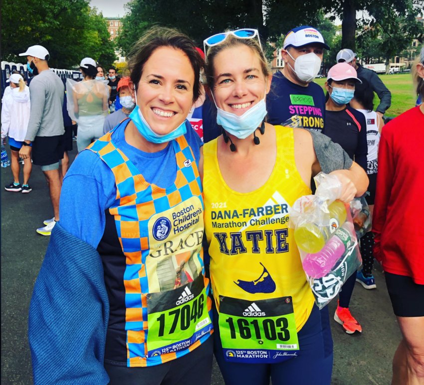 Nantucketers Grace Hull, left, and Katie Manchester completed Monday's Boston Marathon.