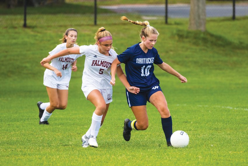 Girls soccer in action against Falmouth earlier this season.