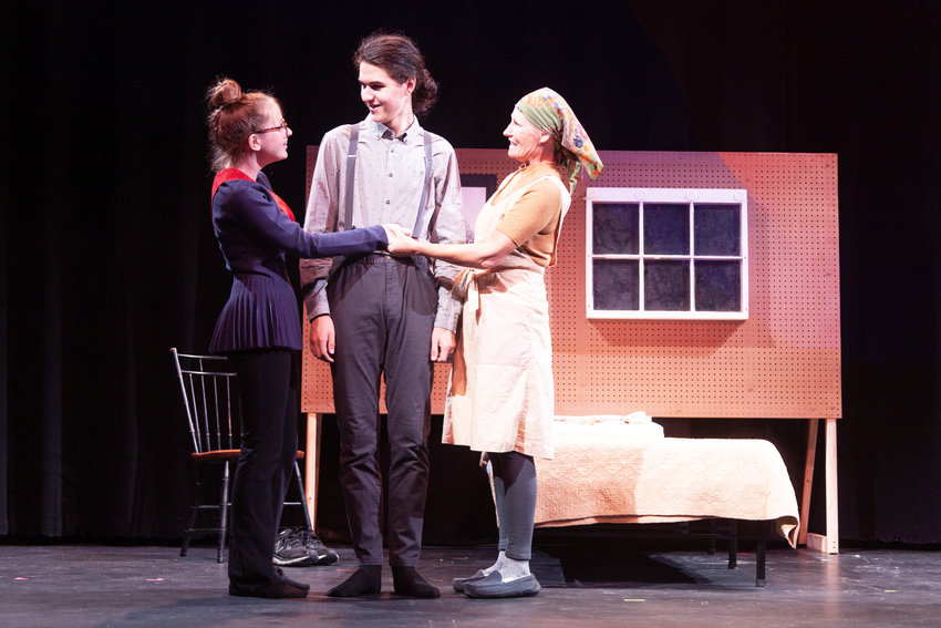 From left, Tatum Corbett, Dylan Marks and Laurie Richards during dress rehearsal for the Dreamland Theater&rsquo;s production of &ldquo;1984,&rdquo; opening tonight.